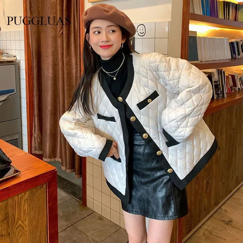 

Korean White Argyle Plaid Cotton-Padded Jacket Women Vintage Long Sleeve Short Coat Autumn Winter Light Thin Elegant Outerwear