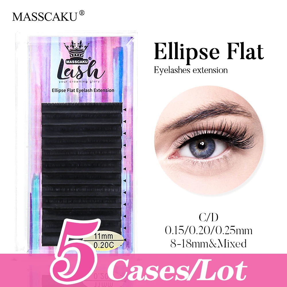 

MASSCAKU 5pcs /lot Ellipse Flat Eyelash Extension Double Split Tip Faux Mink Individual Russian Volume Professional Eyelashes