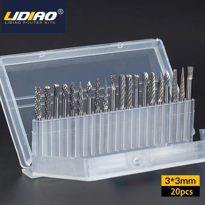 LIDIAO 3mm Shank Carbide Rotary Burrs Set Rotary File Set Double Cut Carving Grinding Bit for Steel Wood Metal Polishing Tool