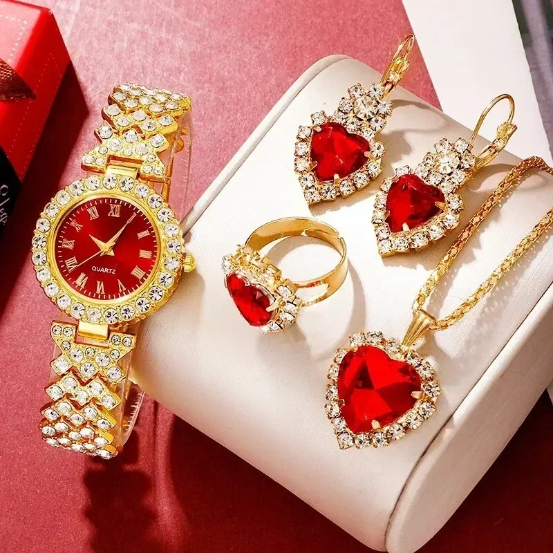 Golden Luxury Watch Women Ring Necklace Earring Rhinestone Fashion Wristwatch Casual Ladies Bracelet Watches Jewelry Set
