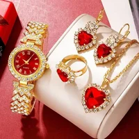 Golden Luxury Watch Women Ring Necklace Earring Rhinestone Fashion Wristwatch Casual Ladies Bracelet Watches Jewelry Set 2