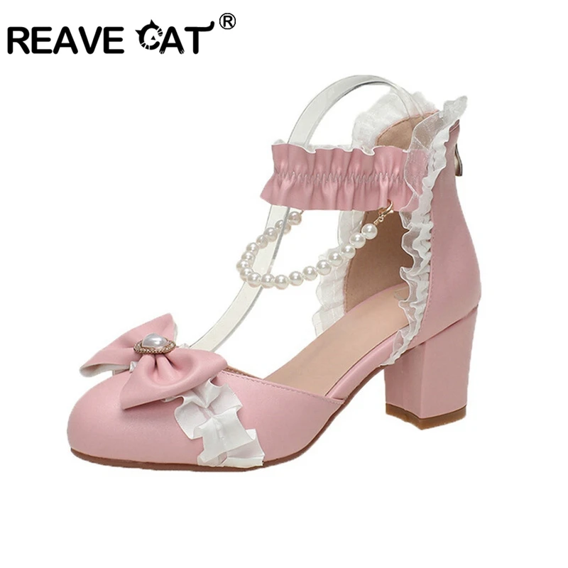 

REAVE CAT Korean Girls Pumps Round Toe Block Heels 5.5cm Buckle Strap Lace Big Size 41 42 43 Sweet Lolita Style Shoes 30 31