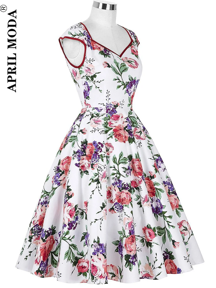Vestido Floral elegante para mujer, Ropa Retro Vintage De los años 50 y 60,  Rockabilly Swing Pinup, informal, color blanco, para fiesta y cóctel