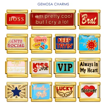 GEMOSA Classic Charms All Gold Color English Words Cute Sweet Stainless Steel Jewelry Link Italian Fit 9mm Making Bracelets DIY 1
