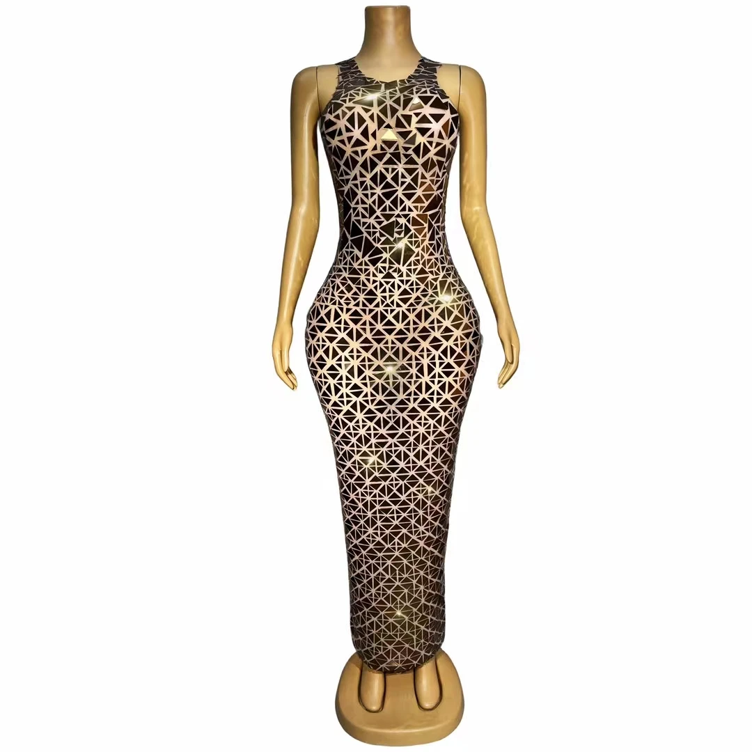 

Sparkly Rhinestones Mirrors Sleeveless Mesh Long Dress Women's Sexy Birthday Party Celebrate Evening Prom Dress Photo Shoot Wear