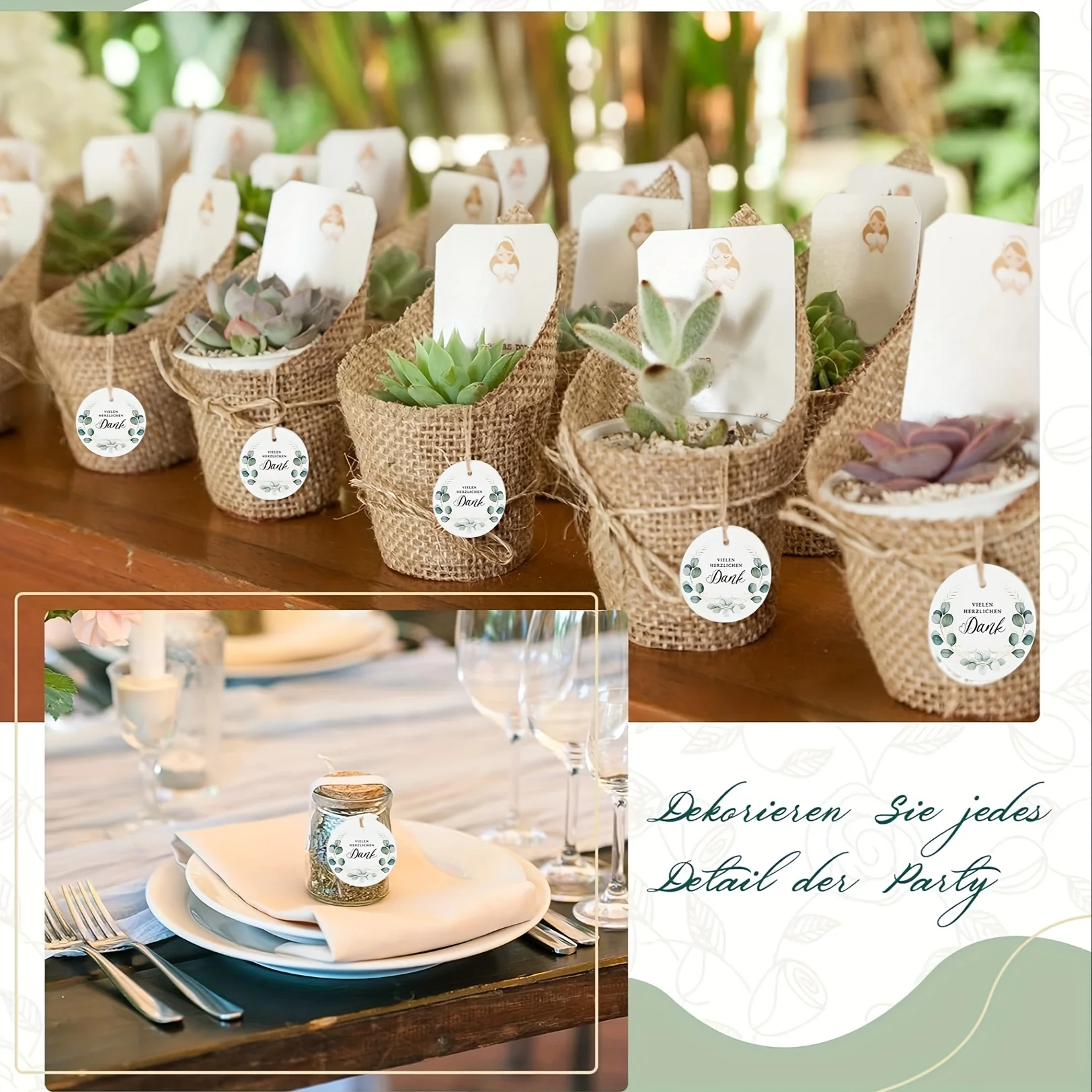 50 Stück elegante Eukalyptusblätter-Dankeschön-Geschenkanhänger, 5 cm runde Papieretiketten mit Schnur für Hochzeit, Dusche – Detail 2