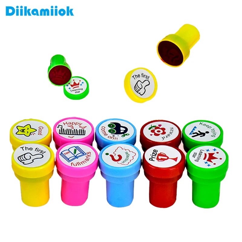 10 Pcs Round Multicolor Cartoon Star Crown Reward Pattern Stamp Children DIY Scrapbook Kids Plastic Stamps Toys Teacher Supplies