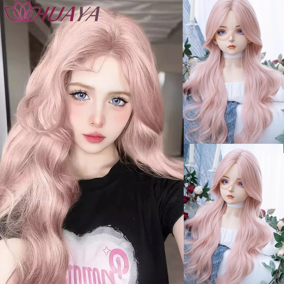 Pink Lolita Synthetic Wig for Women Long Wavy Hair with Natural Bangs Cosplay For Daily or Halloween Costume Party
