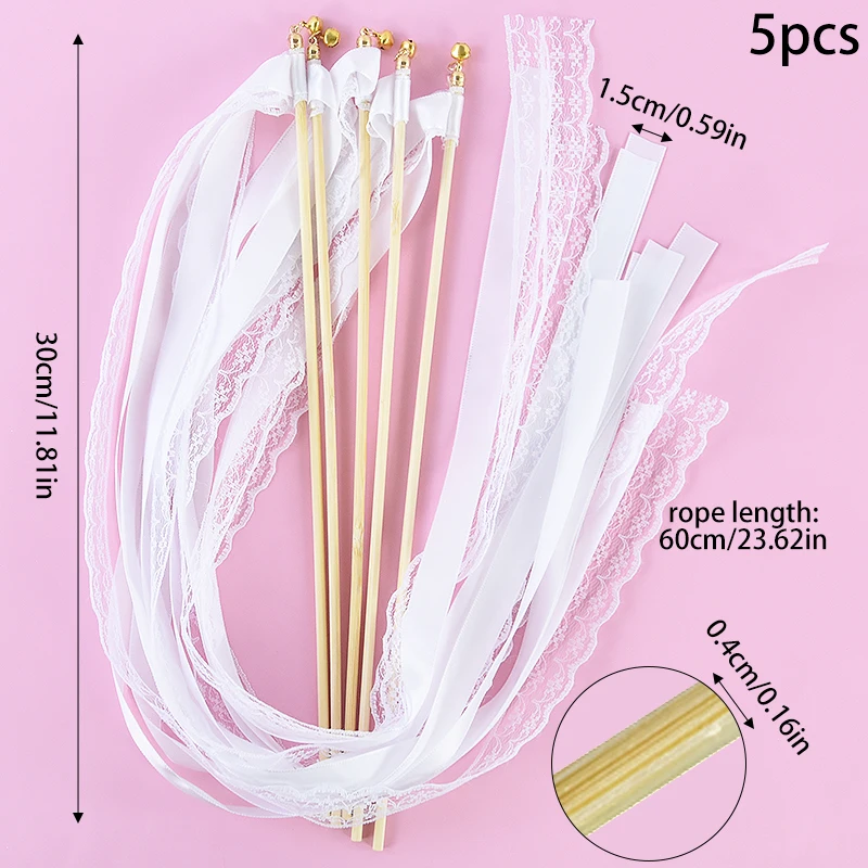 5Pcs White Ribbon Wands Fairy Sticks Wedding Twirling Lace Streamers With Golden Silver Bell Wedding Party Cheering Prop