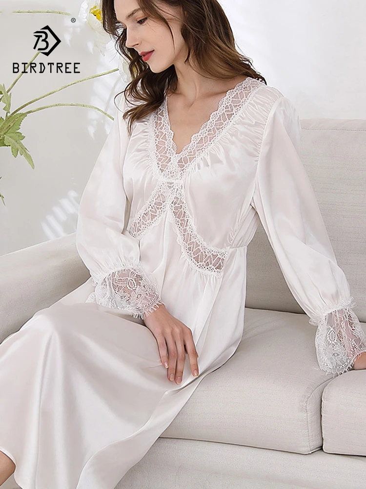 

BirdTree, 19MM 100%Real Silk Elegant Pajama Dress, Women Long Sleeve Lace, Sexy French Long Sleepwear, 2024 Summer New P439106QC