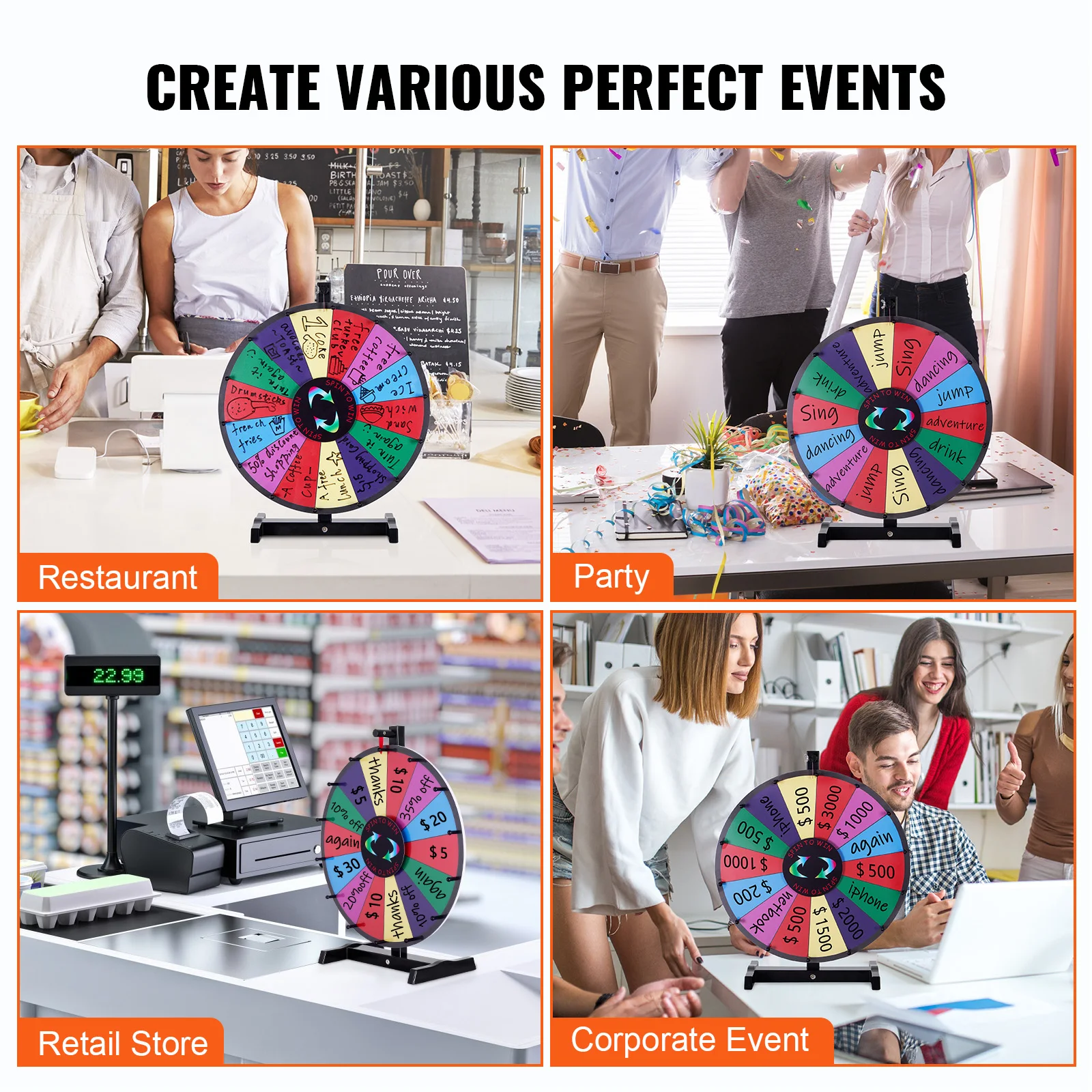 VEVOR 18/24/36 inch Spinning Prize Wheel 14 Slots Spinning Wheel Tabletop or Floor Standing Win Fortune Spin Games in Party Pub 6