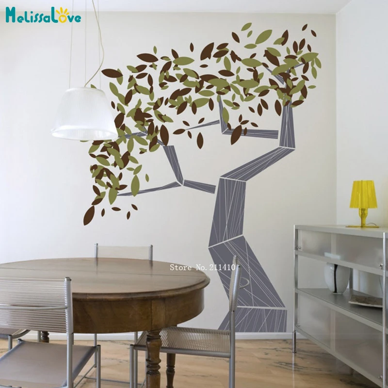 

Three Colors Modern Large Line Tree With Leaves Vinyl Decals Leafy Graphic Mid Century Removable Sticker DIY YT6700