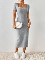 Femmes printemps été Style robe tricotée dame décontracté à manches courtes col carré fente latérale robe robes 3