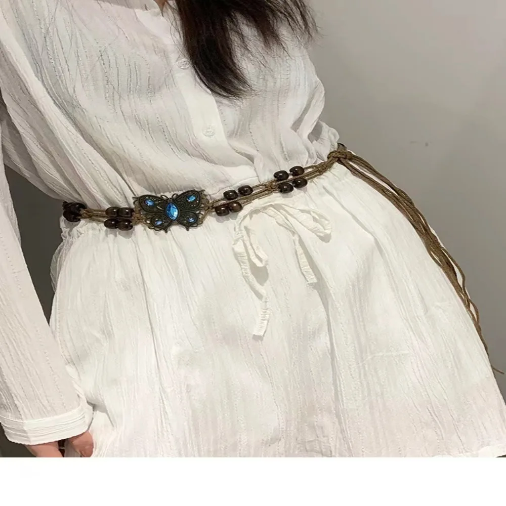 Rope Boho Butterfly Tie Belt New Metal Bohemia Beaded Belt Wooden Beads Woven Belt Skirt