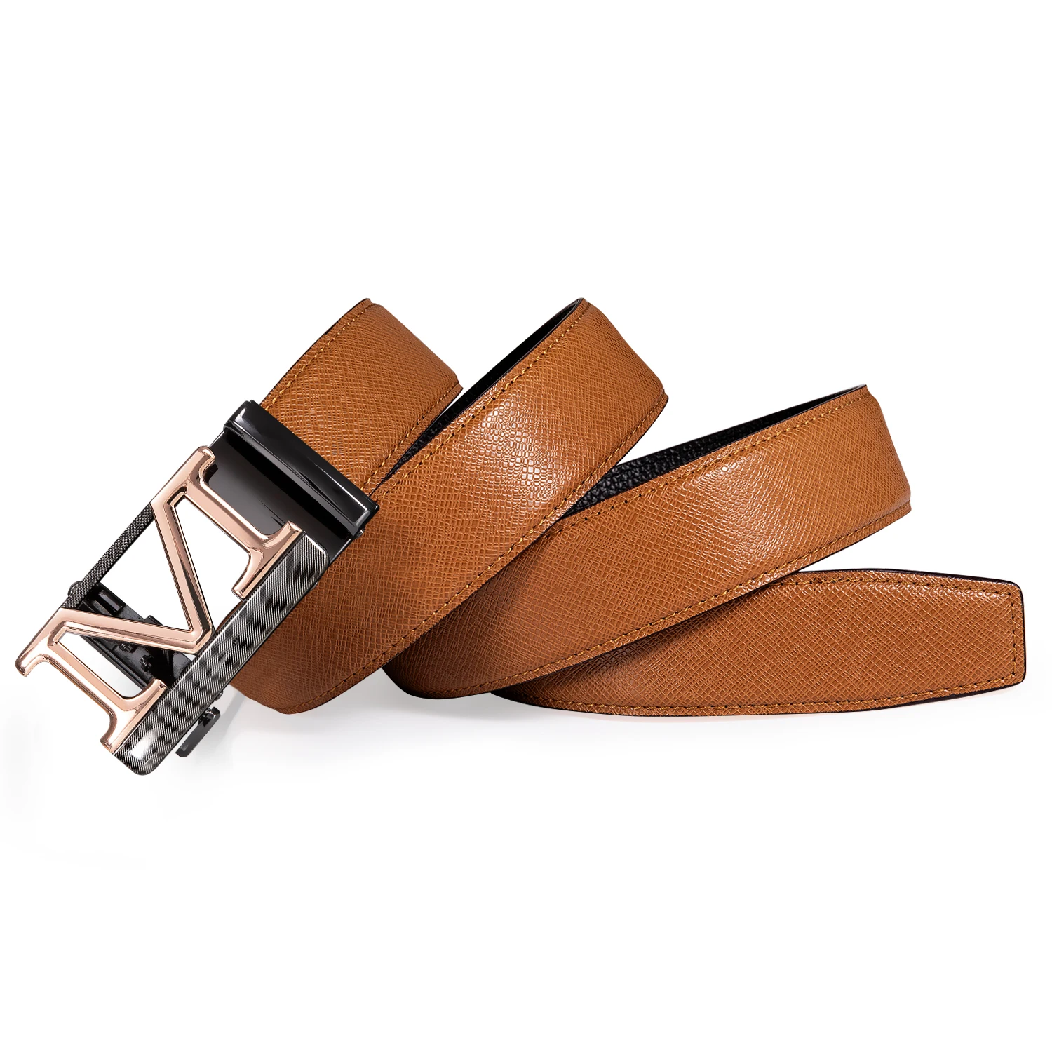 Orange Brown Leather Mens Belts Automatic Buckles Ratchet Cowskin