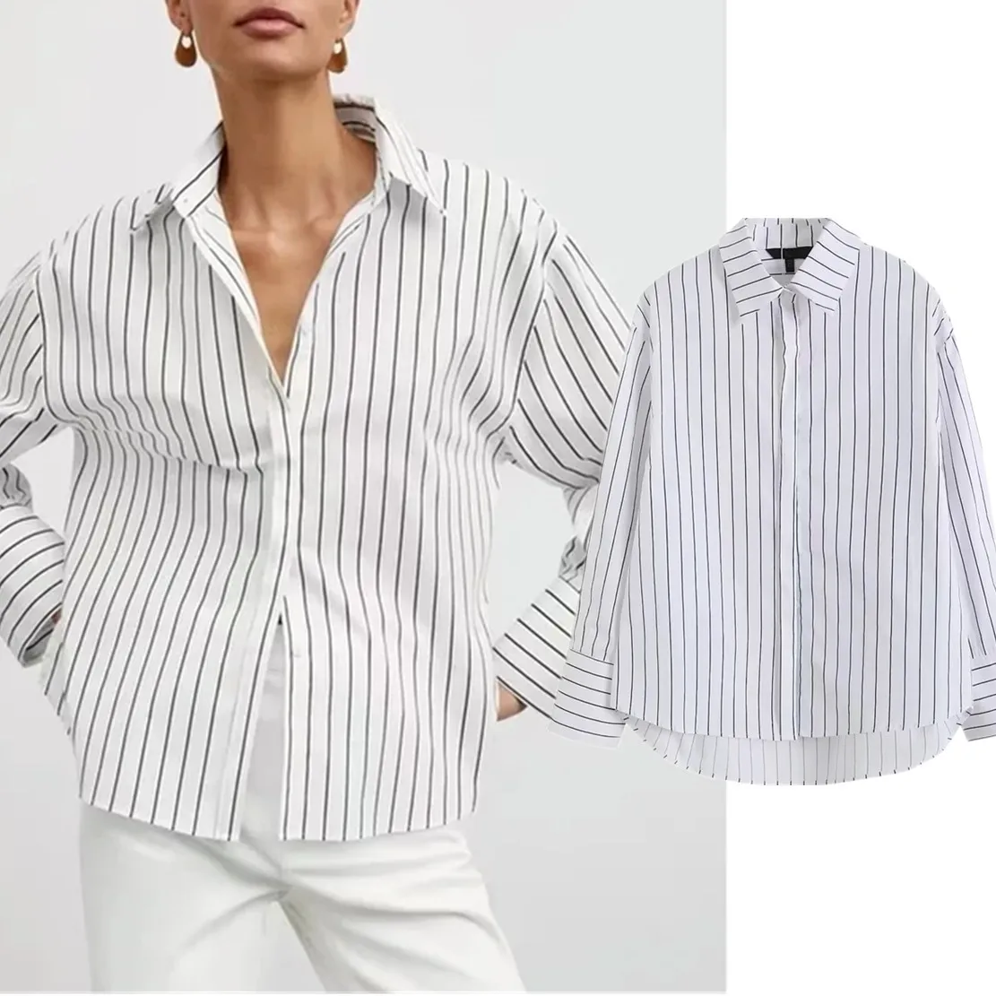 

Jenny&Dave England Style Fashion Simple Striped Loose Shirts Casual Cotton Blouse Women