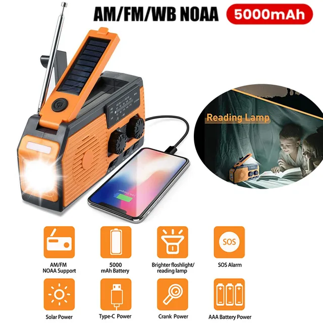 LOTOTG Portable Emergency Solar Power Radio Hand Crank Charging AM/FM Weather Radio Led Reading Flashlight Bank Phone Charger 10