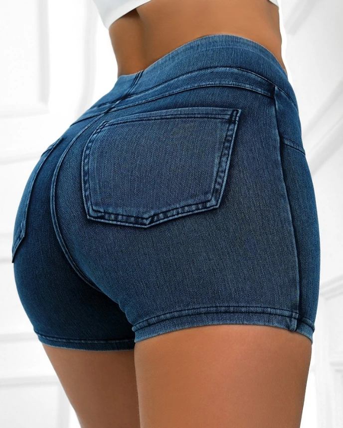 Summer New Edition Pocket Design High Waist Denim Active Shots Hip Lifting Pocket for Sports and Casual Wear with Cropped Pants