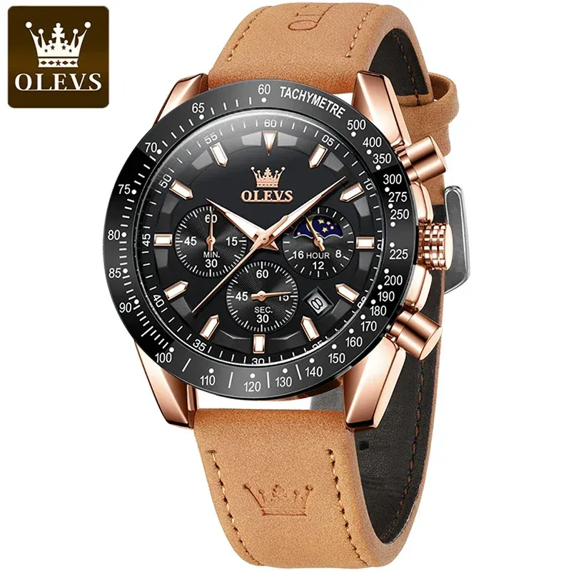 OLEVS Men's Quartz Watch Original Top Brand Watches Brown Leather Strap Calendar Moon Phase Waterproof Luminous Luxury Watch Men