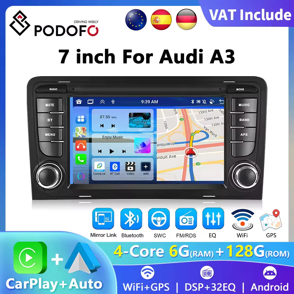 Podofo 7 "HD pantalla táctil Radio de coche inalámbrico CarPlay Android Radio para Audi A3 Multimedia GPS FM WIFI Bluetooth coche inteligente 1