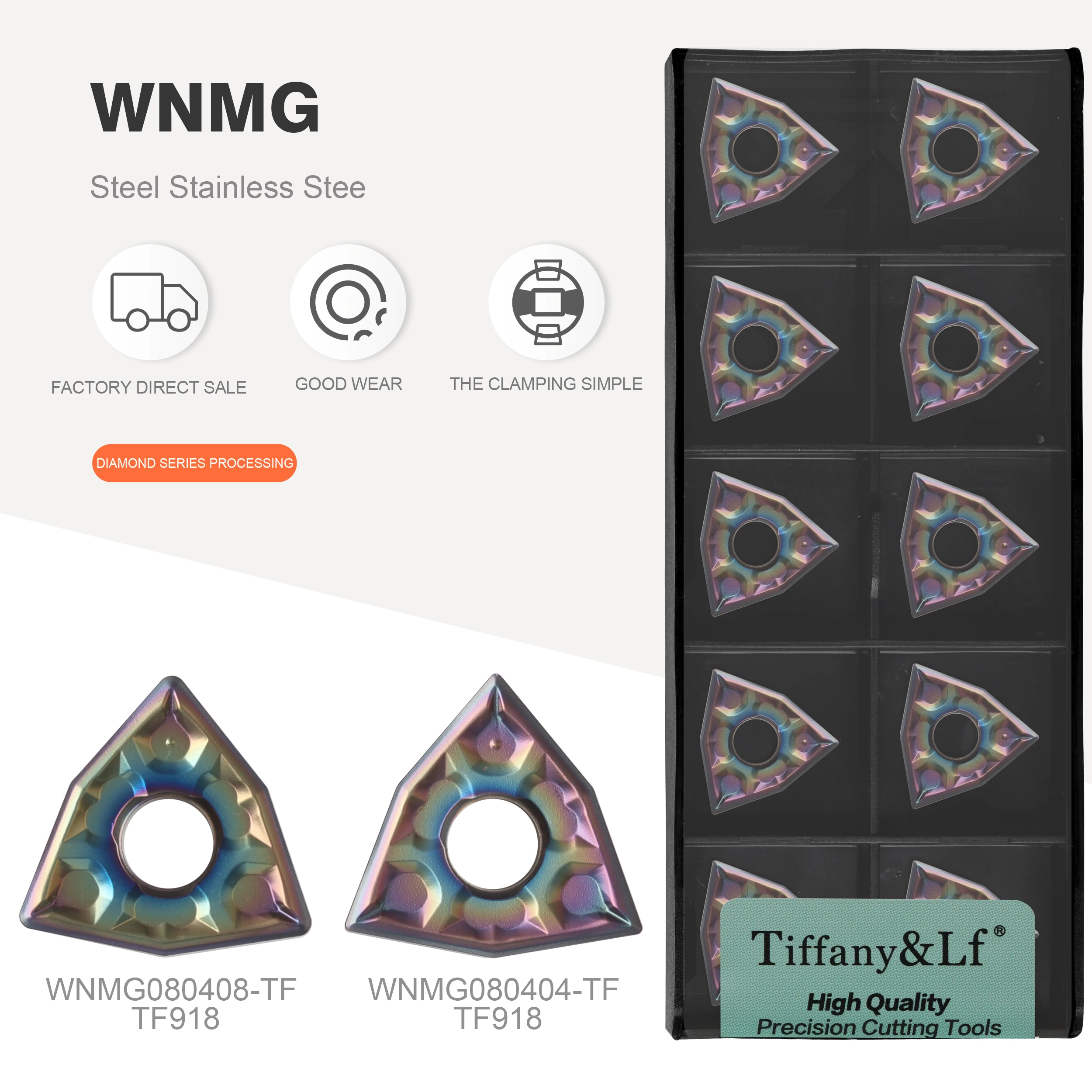 

DESKAR WNMG080404-TF TF918 WNMG080408-TF TF918 is suitable for machining titanium alloy/stainless steel/hardened parts