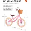 Pink 14 Inch Kids Balance Bike with Basket for Girls, Suitable for Ages 3-7, Rubber Tires, Carbon Steel Frame