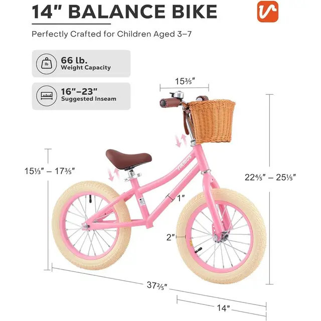 Pink 14 Inch Kids Balance Bike with Basket for Girls, Suitable for Ages 3-7, Rubber Tires, Carbon Steel Frame