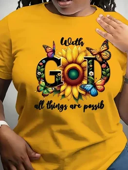 With God All Things Are Possible Women's Tee, Sunflower Butterfly Yellow Top 1