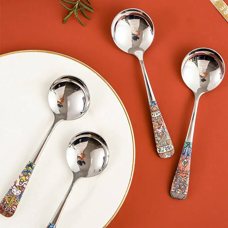 Colored Printed Handle Spoon Stainless Steel Serving Round Shape Coffee Scoop Ice Cream Dessert Tea Spoon Tableware Kitchen Tool