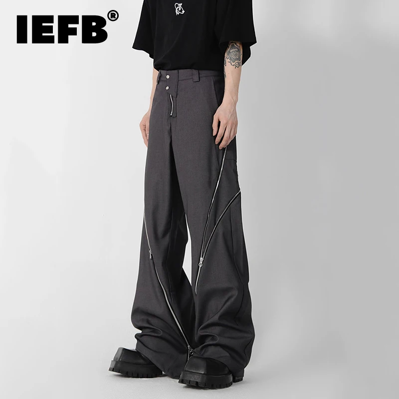 Niche Design Zipper Slit Men Trousers Straight Tube Casual Pants Wide Leg Darkwear Solid Color Male Fashion 9A5414