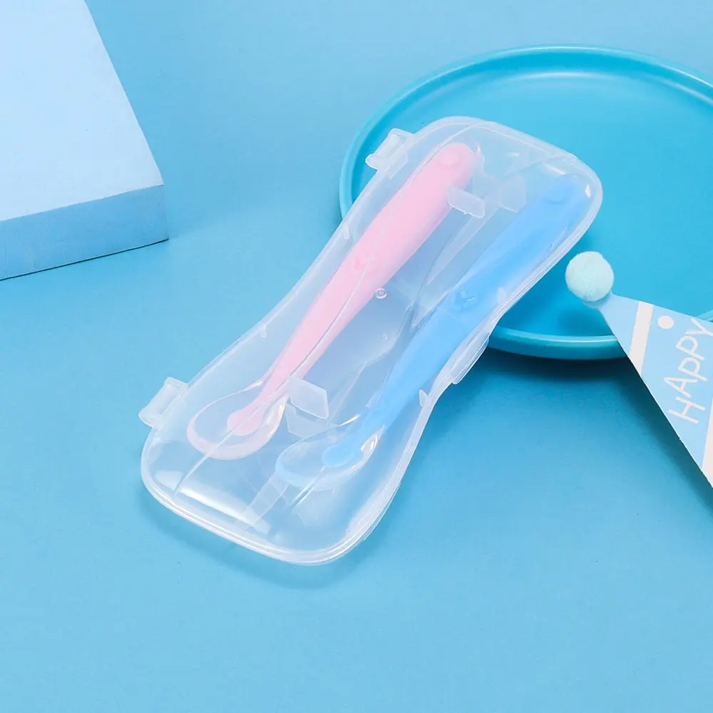 Baby Feeding Spoons 2PCS Set - Soft Silicone & PP Plastic Head - Safe for 6-24M+ Pink Blue Spoons Gift Box