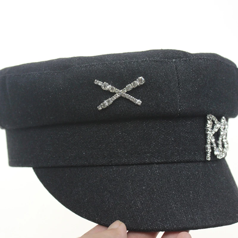 Winter Autumn Women's Hats Shiny Rhinestone Letters Military Hats Hundred Cowboy Fashion Octagonal Hat