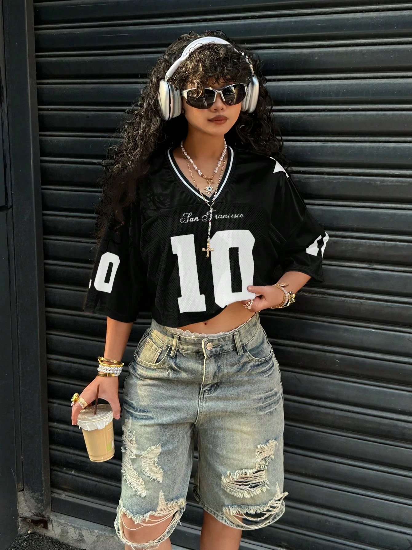 2025 Summer Women's Y2K Fashion Casual Sports Shirt American No. 10 Jersey V-Neck Loose Casual Breathable Quick Drying T-Shirt 5