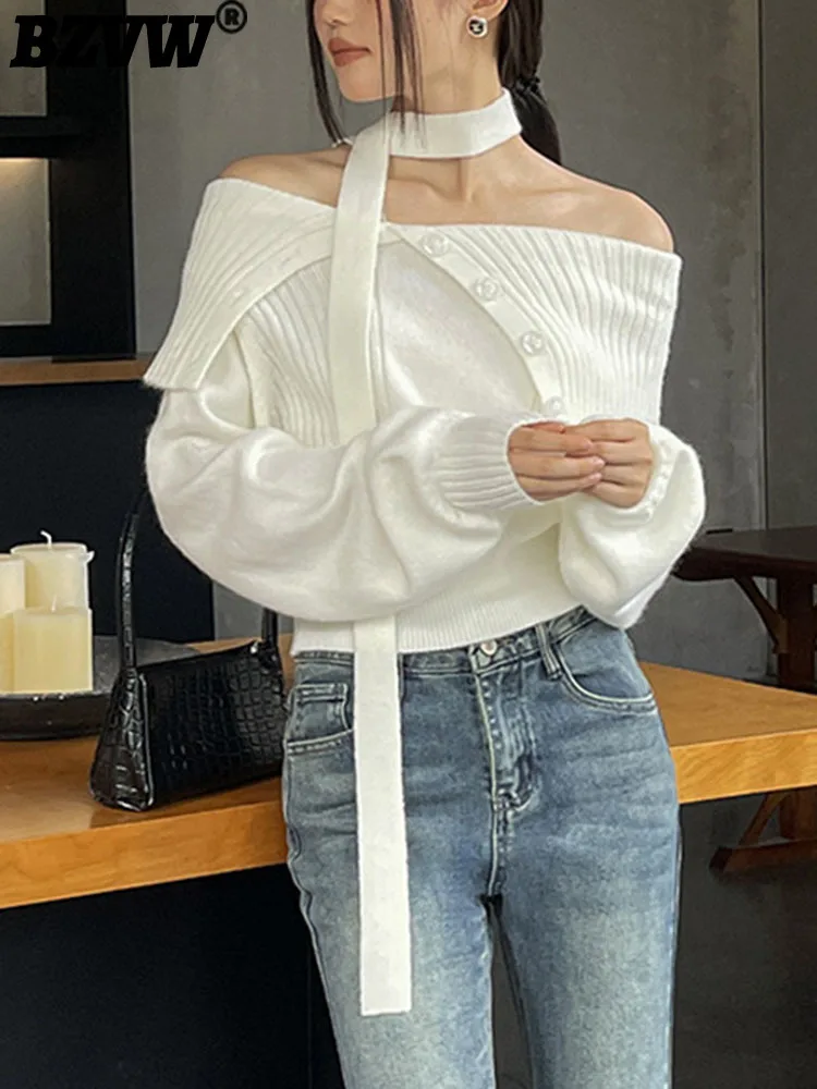 

BZVW Designer Off Shoulder Sweater Women's Single Breasted Large Lapel Slim Knit Bottom Top Female 2023 Autumn New Trend 25X2912