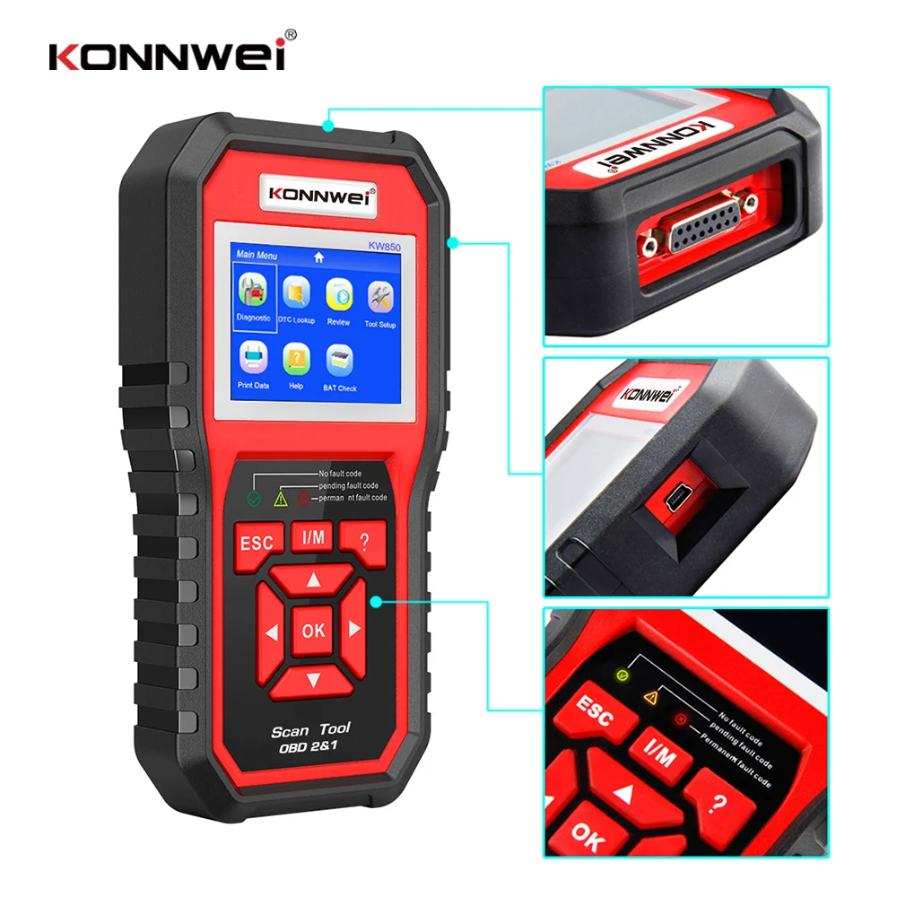 KONNWEI KW850 full OBD2 Car Diagnostic Tools OBD 2 Auto Scanner Check Engine O2 sensor Battery Test OBDII Code Reader PK CR3008 motorcycle oil temp gauge