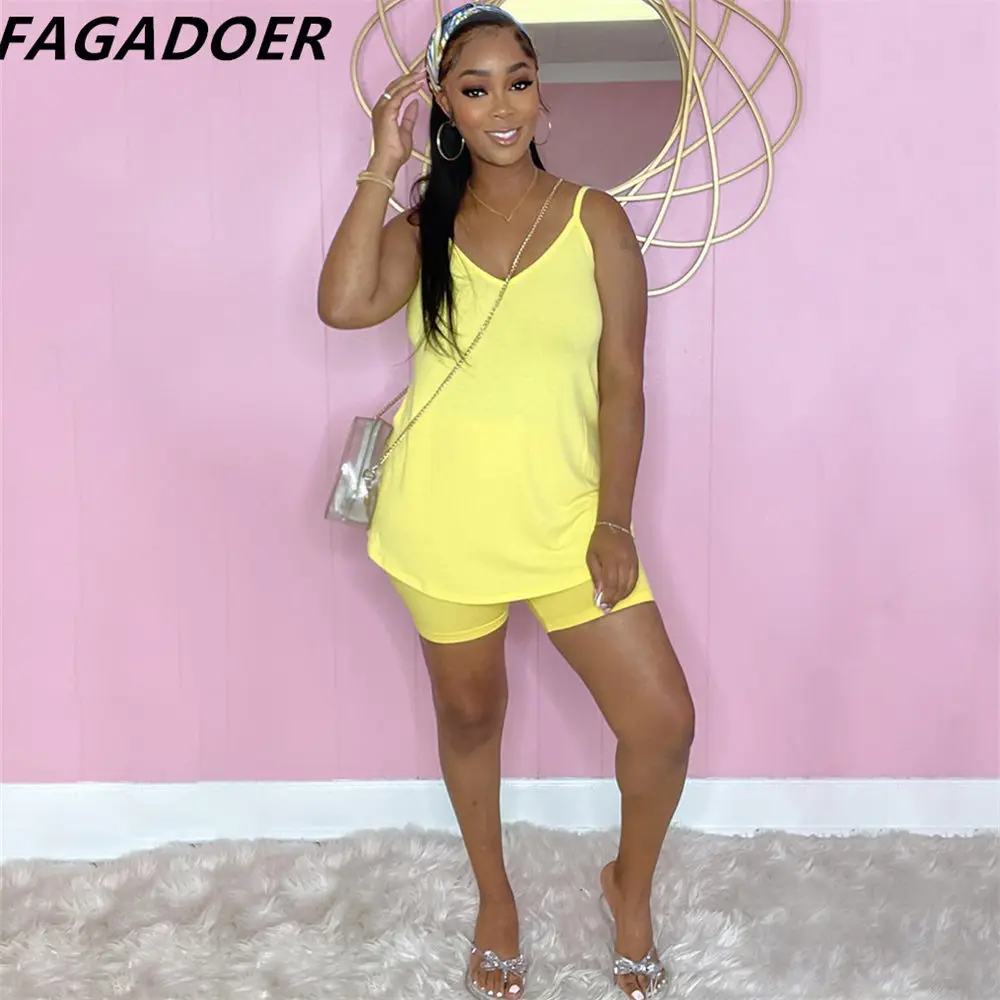 FAGADOER Solid Women Sets Home Lounge Wear Casual Spaghetti Strap Irregular Tank Top and Shorts Two Piece Sets Loose Outfits
