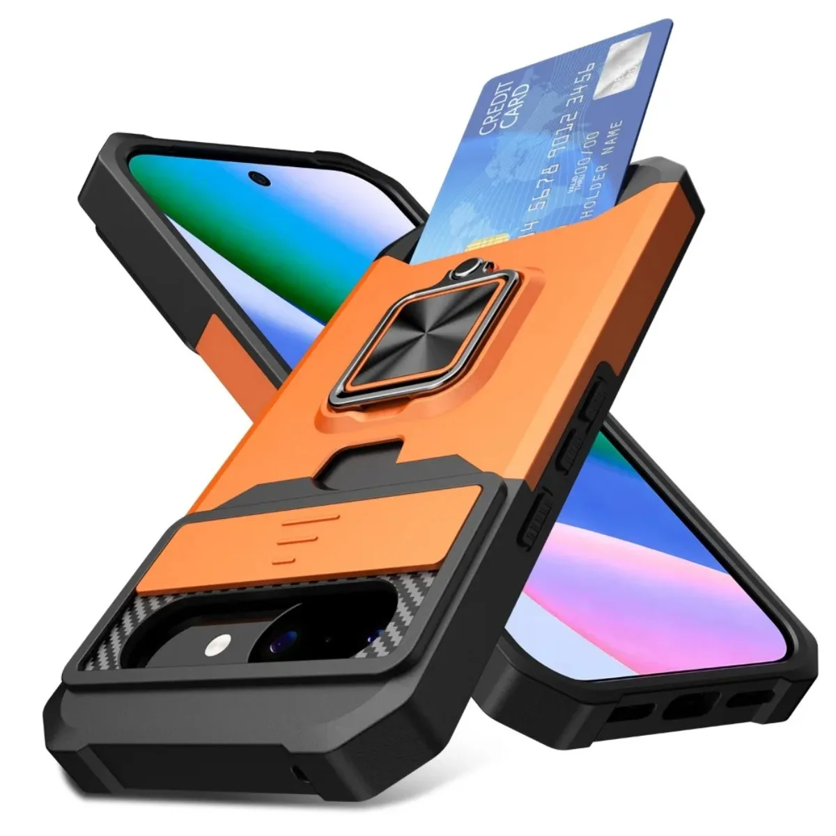 Card Slot Ring Holder Kickstand Armor Phone Case with Slide Camera Cover