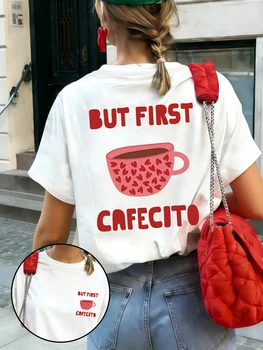 But First Cafecito Coffee Graphic T-Shirt Women Summer Harajuku Kawaii Heart Cup Print Crew Neck Short Daily Basic Fashion Top 1