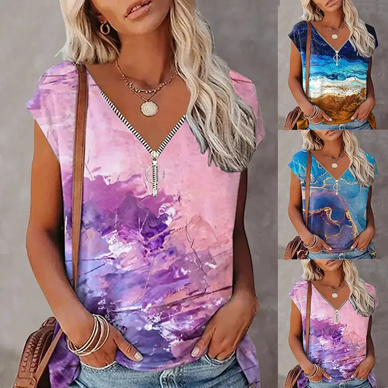 

Women's 2023 Summer New Loose V-neck Zipper Pullover Sleeveless Print Tank Top Women Female Casual Tops