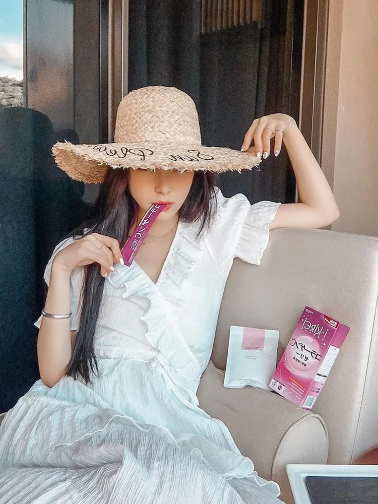 Hand Woven Raffia Embroidered Letter Sun Beach Hat Brim Straw Hat