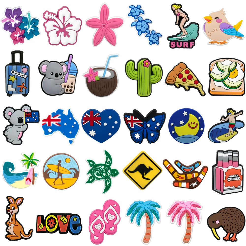Fashion Australian Series 1/30PCS Shoe Charms,Kangaroo Koala Pins for Sandals,Flower Cactus Pizza Clog Buckles Shoe Accessories