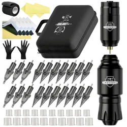 Wireless Tattoo Kit - Complete Set with Mini Rocket Machine, Battery, Needle, Power Ink, and Rotary Pen (Black Kit)