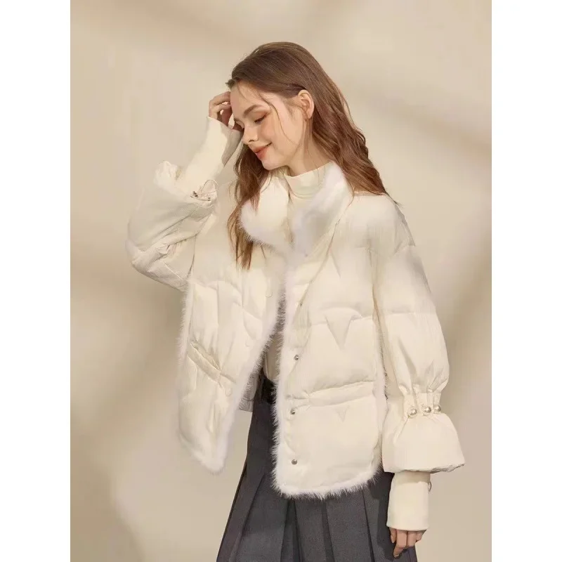 

Winter 90% White Duck Down Jacket Women Fashion Short MInk Fur Trim Pear Sleeve Puffer Coat Stand-up Collar Warm Parkas Outwear