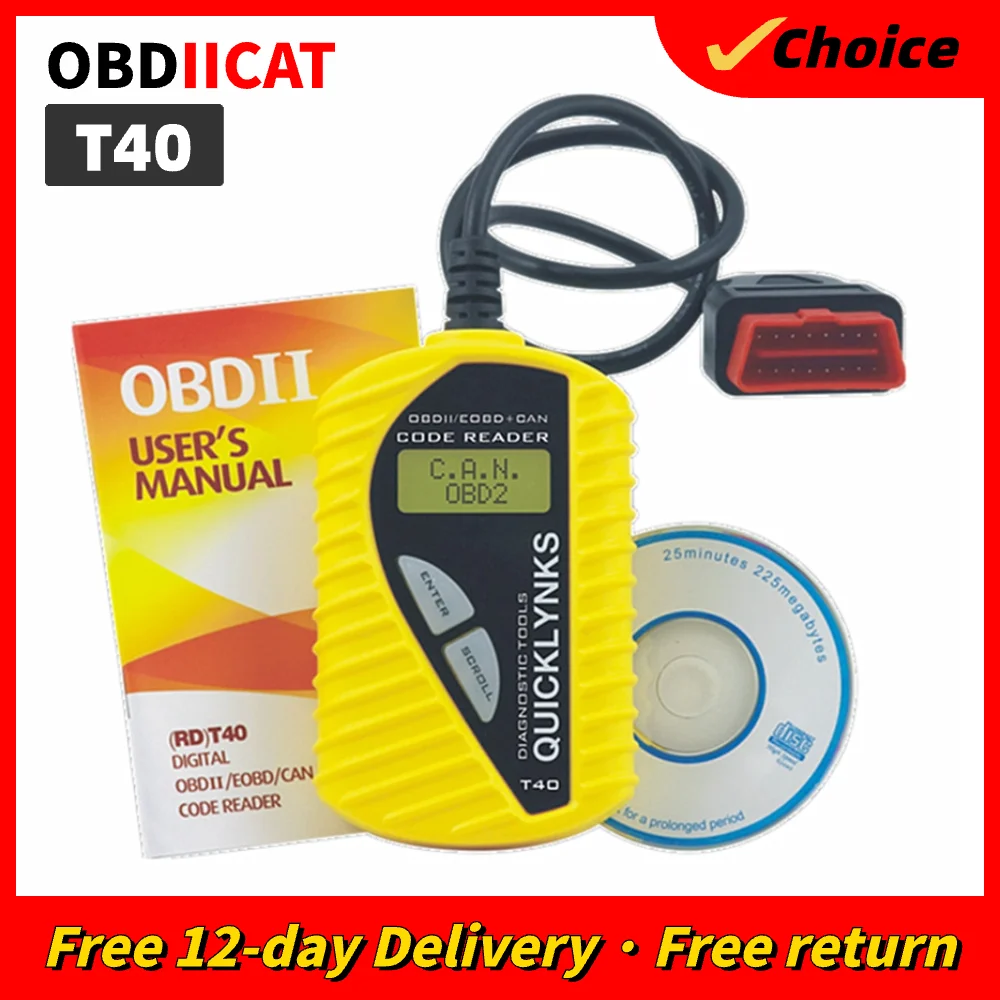 OBDIICAT T40 QUICKLYNKS OBD2 스캐너, 자동 기본 코드 리더, 다국어 OBDII 코드 스캐너