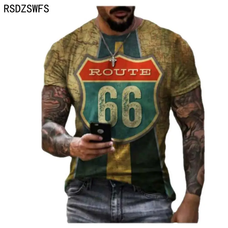 Summer Men's T-Shirt Street Fashion U.S. Highway 66 Personalized Printing 3D Clothes；Large Size Men’s Top Loose Pullover |