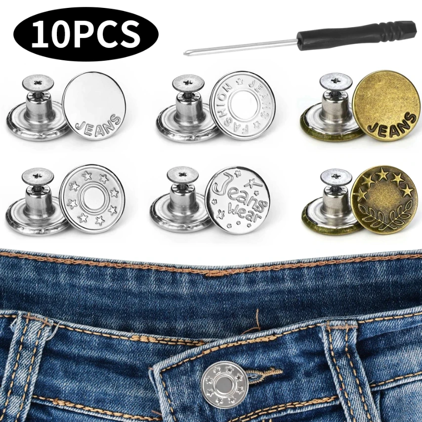 10pcs Detachable Jeans Buttons 17/20mm Screw Repair Button Sewing-Free Retro Metal Jackets Buckles Jeans Waistline Accessories