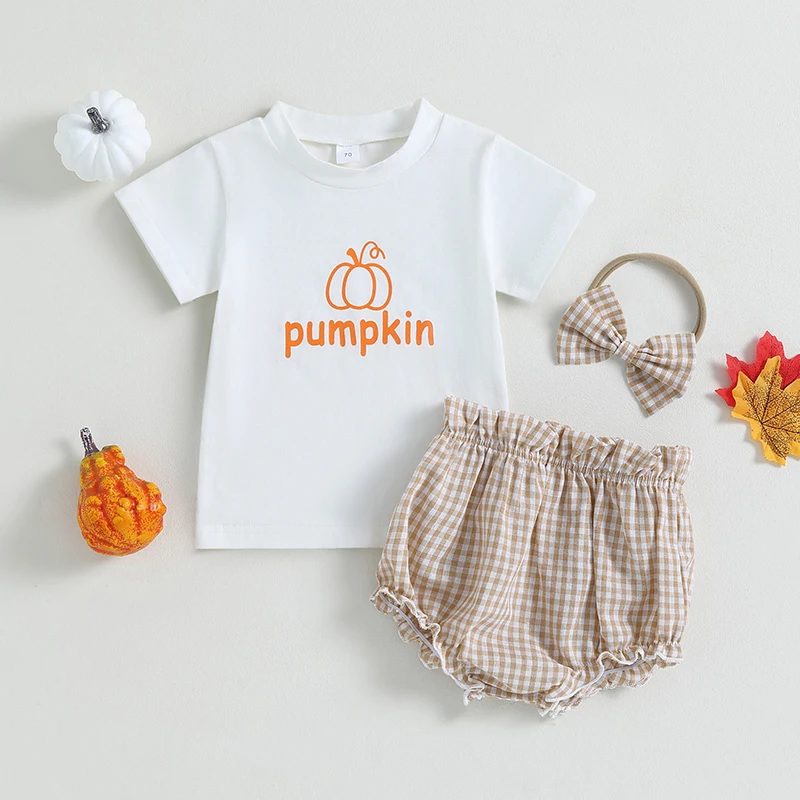 

2023-06-01 Lioraitiin 0-24M Infant Baby Girl Halloween Outfits Pumpkin Letter Print Short Sleeve T-Shirts Plaid Shorts Headband