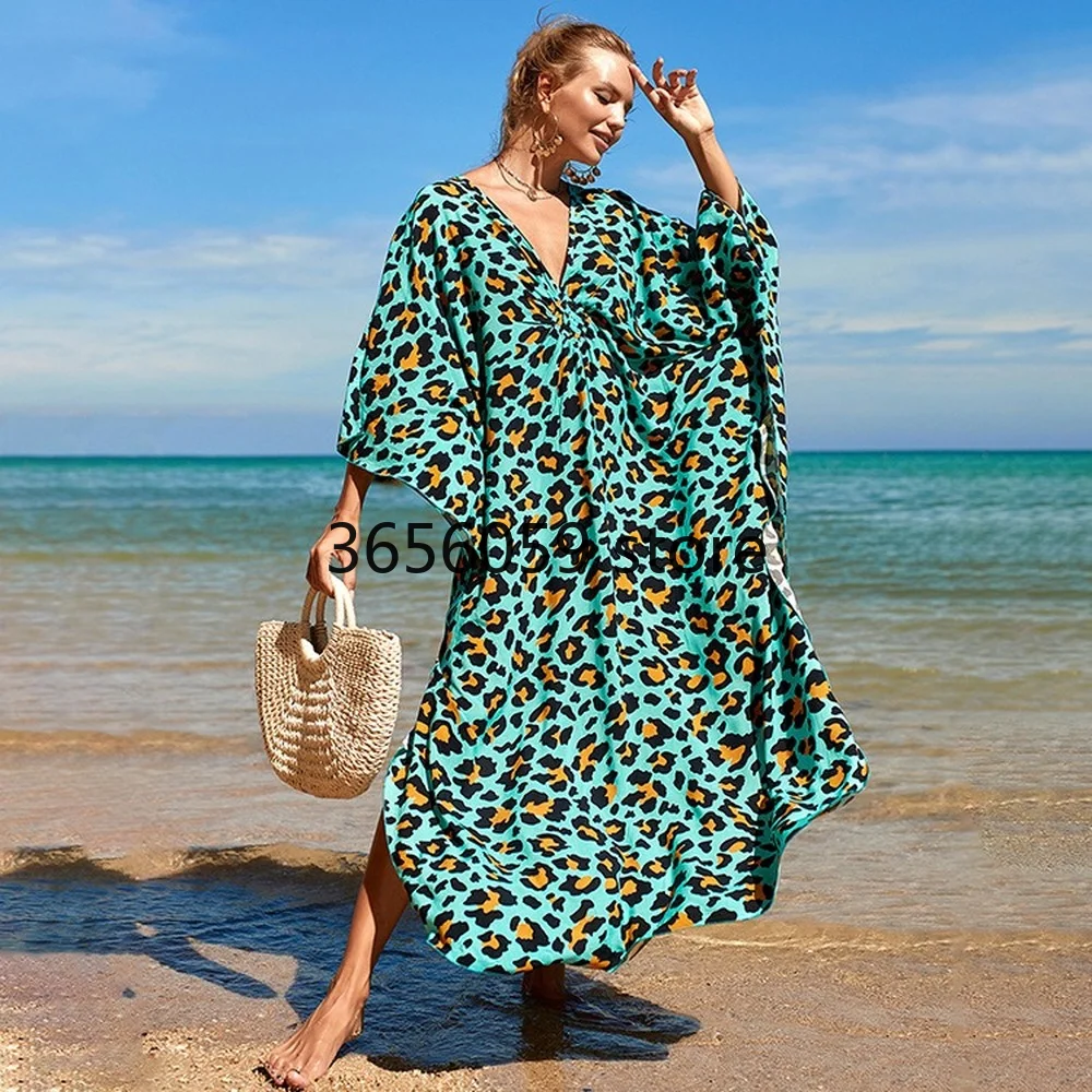 Casual Bikini Cover-ups Boho Print Long Dress Sexy Beach Tunic