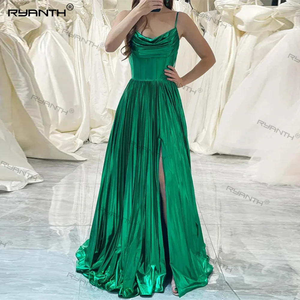 

Ryanth Green Spaghetti Straps Prom Dress Strapless Sleeveless Evening Dresses With Pleats Satin Side High Split vestidos de noch