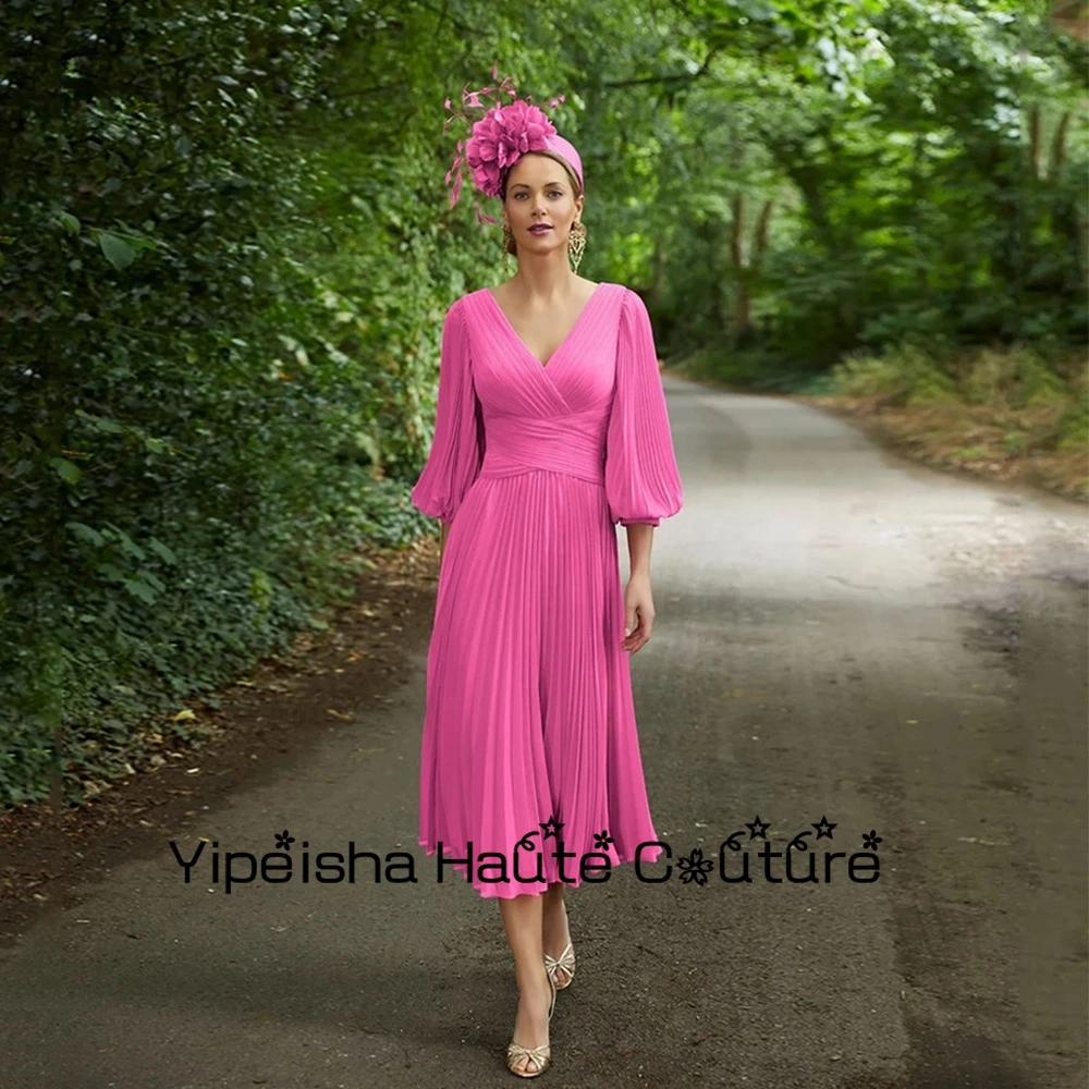 

Yipeisha Draped Baby Pink Cap Sleeve Wedding Party Gowns for Women Tea Length Chiffon 3/4 Mother Of Bridal Dresses 2022